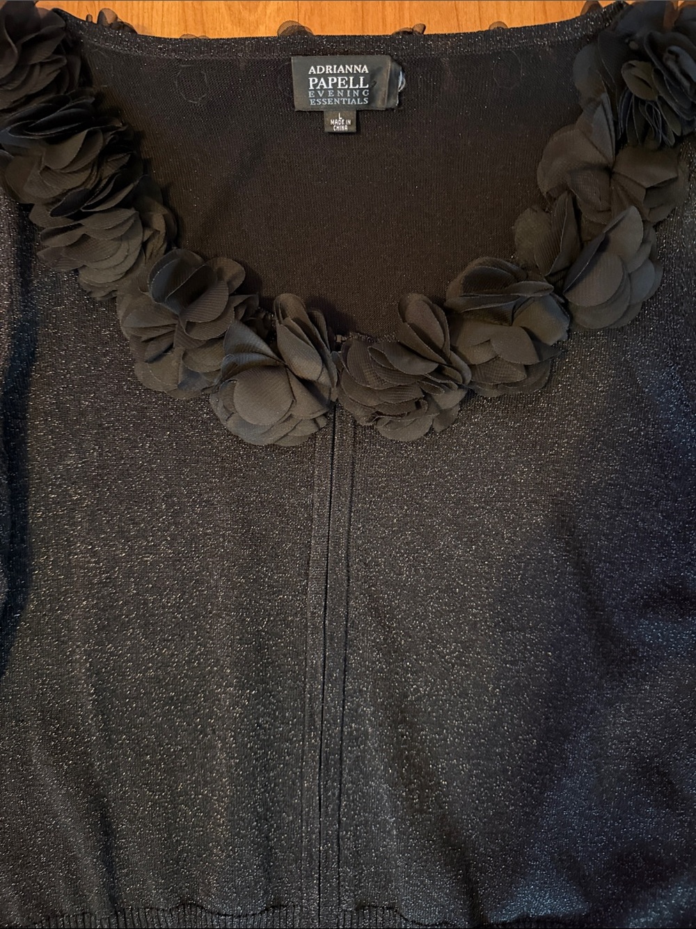 Adrianna Papell Black Sparkle Floral-Trim Zip Cardigan